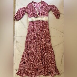 Poupette St. Barth Joan Floral Red Maxi Dress M Boho Romantic Crochet Waist Puff